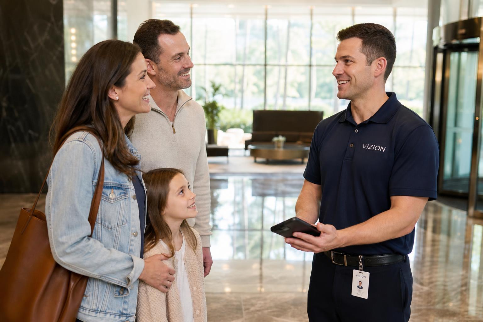 VIZION technician greeting a resident in a building lobby