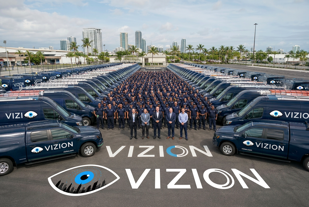 Branded VIZION service van outside a residential building